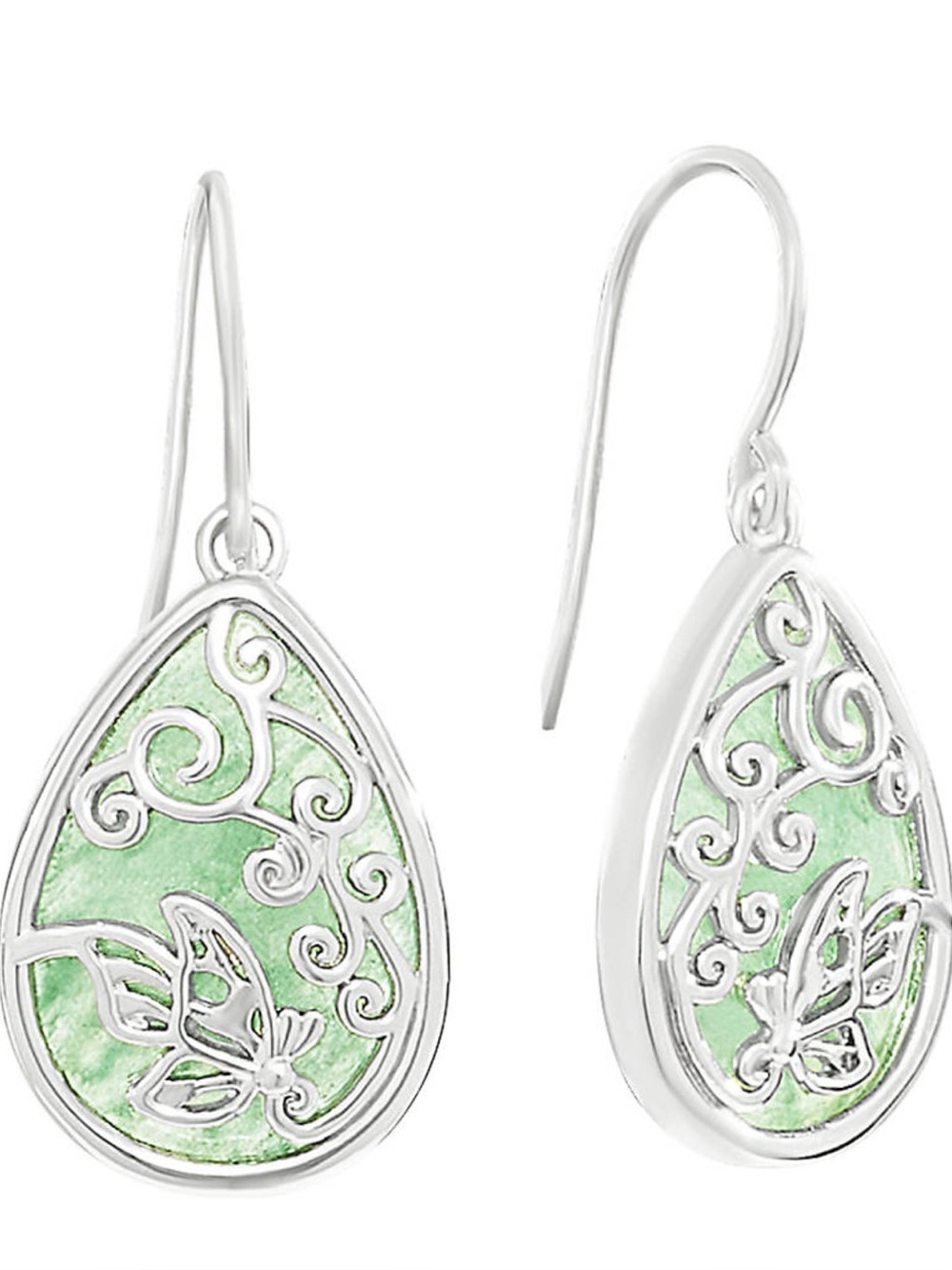 Silver Plated Genuine Stone Teardrop Green Butterfly Dangle Earrings